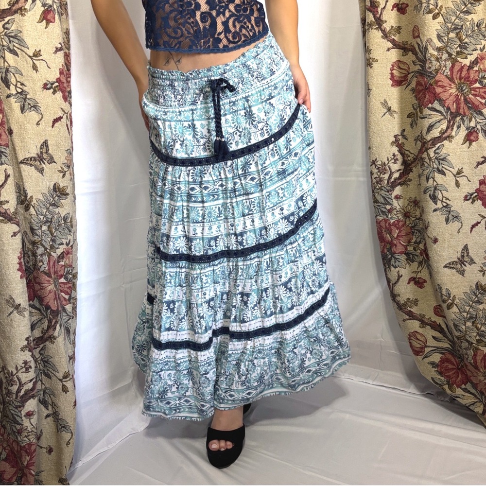 JUSTICE Vintage Y2k tiered blue floral print maxi skirt with sequin details